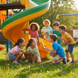 kids searching for a clue under a slide
