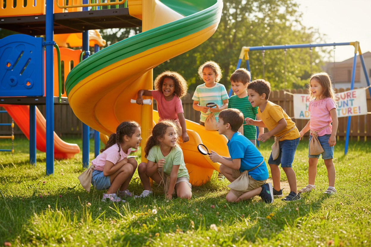 kids searching for a clue under a slide