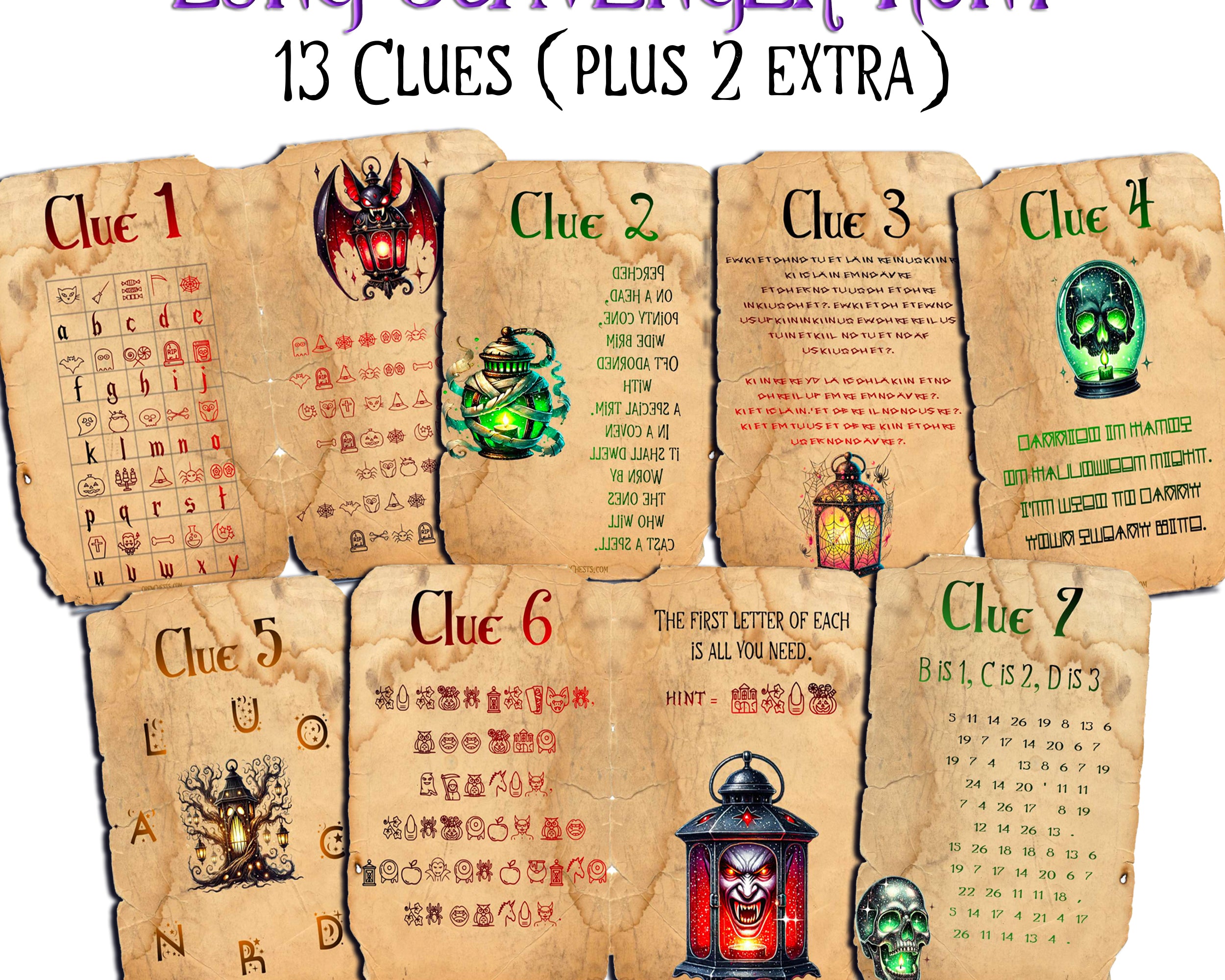 A set of parchment-style scavenger hunt clues arranged on a white background with the title text 'LONG SCAVENGER HUNT' and '13 CLUES (PLUS 2 EXTRA)' at the top. The cards are tan/brown with printed clues, symbols, and illustrations including a bat, green creature, skull, lantern, and calendar.