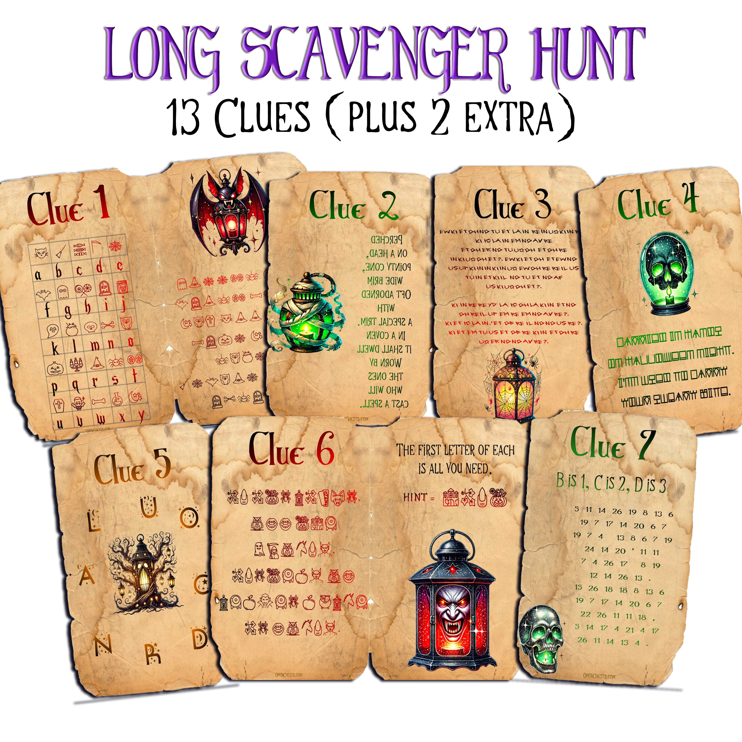 A set of parchment-style scavenger hunt clues arranged on a white background with the title text 'LONG SCAVENGER HUNT' and '13 CLUES (PLUS 2 EXTRA)' at the top. The cards are tan/brown with printed clues, symbols, and illustrations including a bat, green creature, skull, lantern, and calendar.