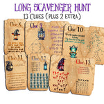 A set of Halloween-themed scavenger hunt clues displayed on a white background. The cards are printed in an aged, parchment-like tan color with various colorful illustrations and riddle clues, under a purple title reading 'LONG SCAVENGER HUNT 13 CLUES (PLUS 2 EXTRA)'.