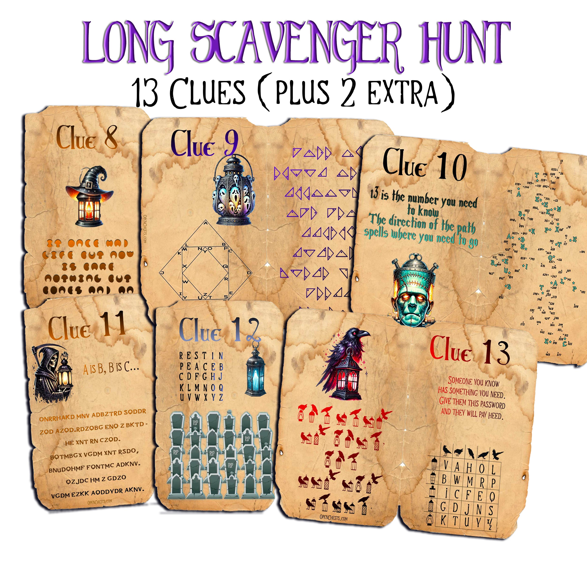 A set of Halloween-themed scavenger hunt clues displayed on a white background. The cards are printed in an aged, parchment-like tan color with various colorful illustrations and riddle clues, under a purple title reading 'LONG SCAVENGER HUNT 13 CLUES (PLUS 2 EXTRA)'.