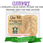 Promotional graphic for a customizable treasure hunt template, showing a digital preview of an ancient parchment clue labeled 'Clue 10' with a map and treasure icon, plus text advertising template customization.
