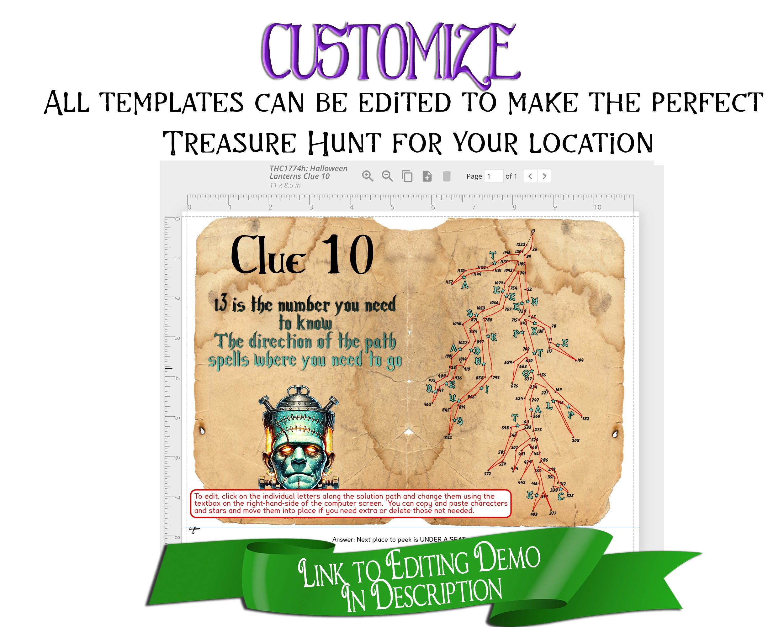 Promotional graphic for a customizable treasure hunt template, showing a digital preview of an ancient parchment clue labeled 'Clue 10' with a map and treasure icon, plus text advertising template customization.