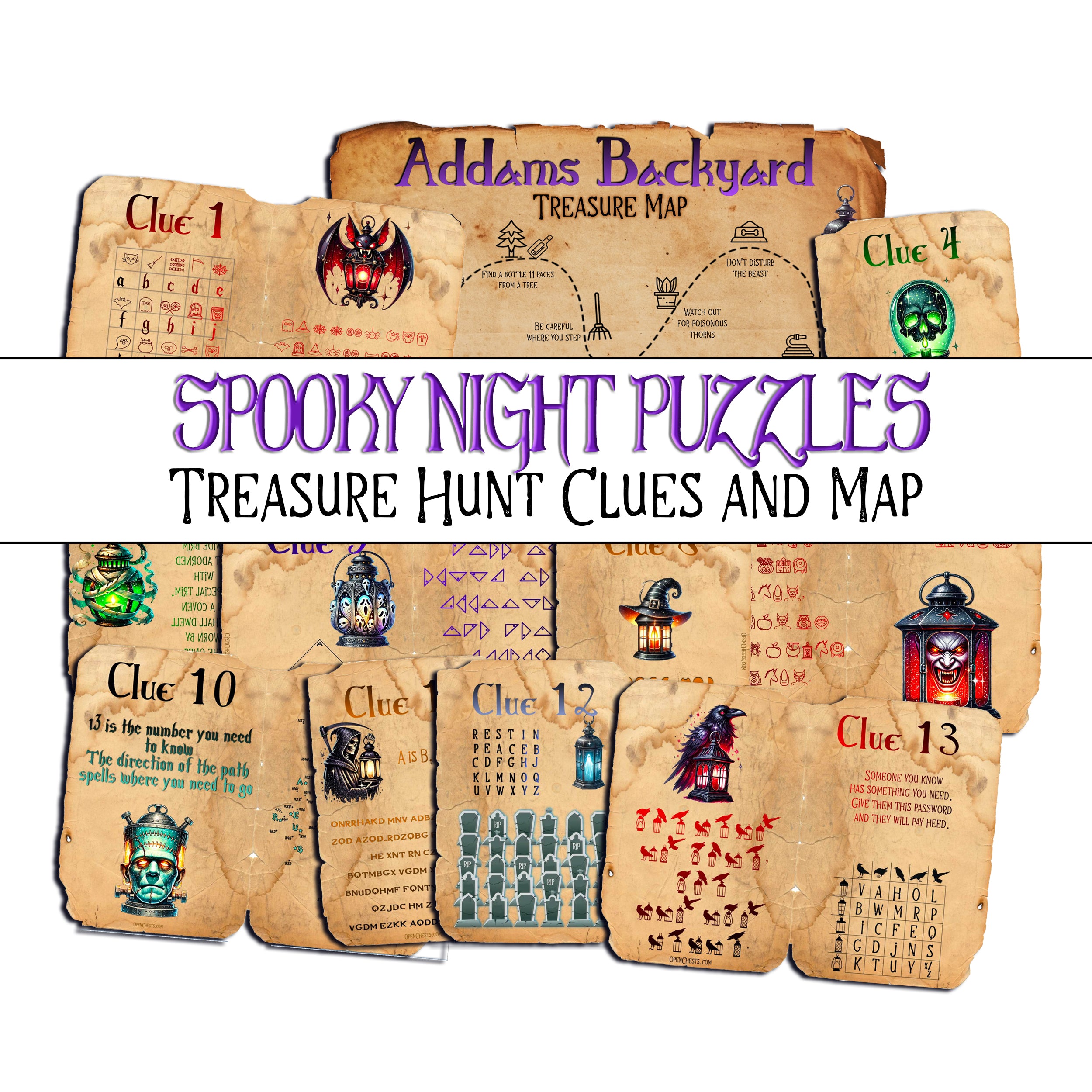Spooky Night Puzzles Halloween treasure hunt clues and map for teens