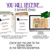 Promotional graphic for a digital product offering two automatic emails with editable online templates. The graphic features mockups of 'Open Chests' clue and treasure map PDFs on the left, a computer monitor displaying 'Clue 10' on a treasure map on the right, and a green 'EDITABLE ONLINE' banner.