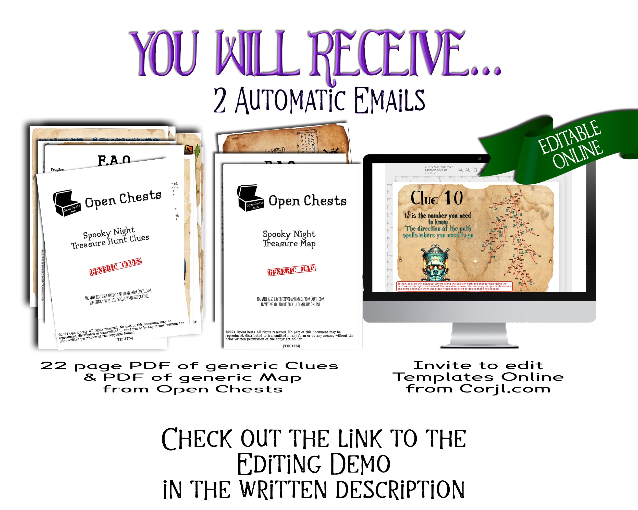 Promotional graphic for a digital product offering two automatic emails with editable online templates. The graphic features mockups of 'Open Chests' clue and treasure map PDFs on the left, a computer monitor displaying 'Clue 10' on a treasure map on the right, and a green 'EDITABLE ONLINE' banner.