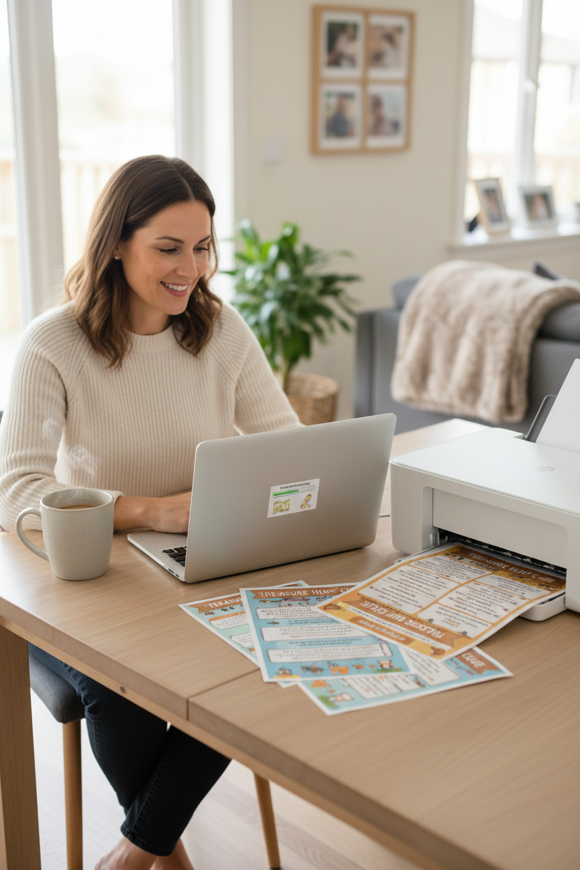 Relaxed Parent Downloading Treasure Hunt - Portrait