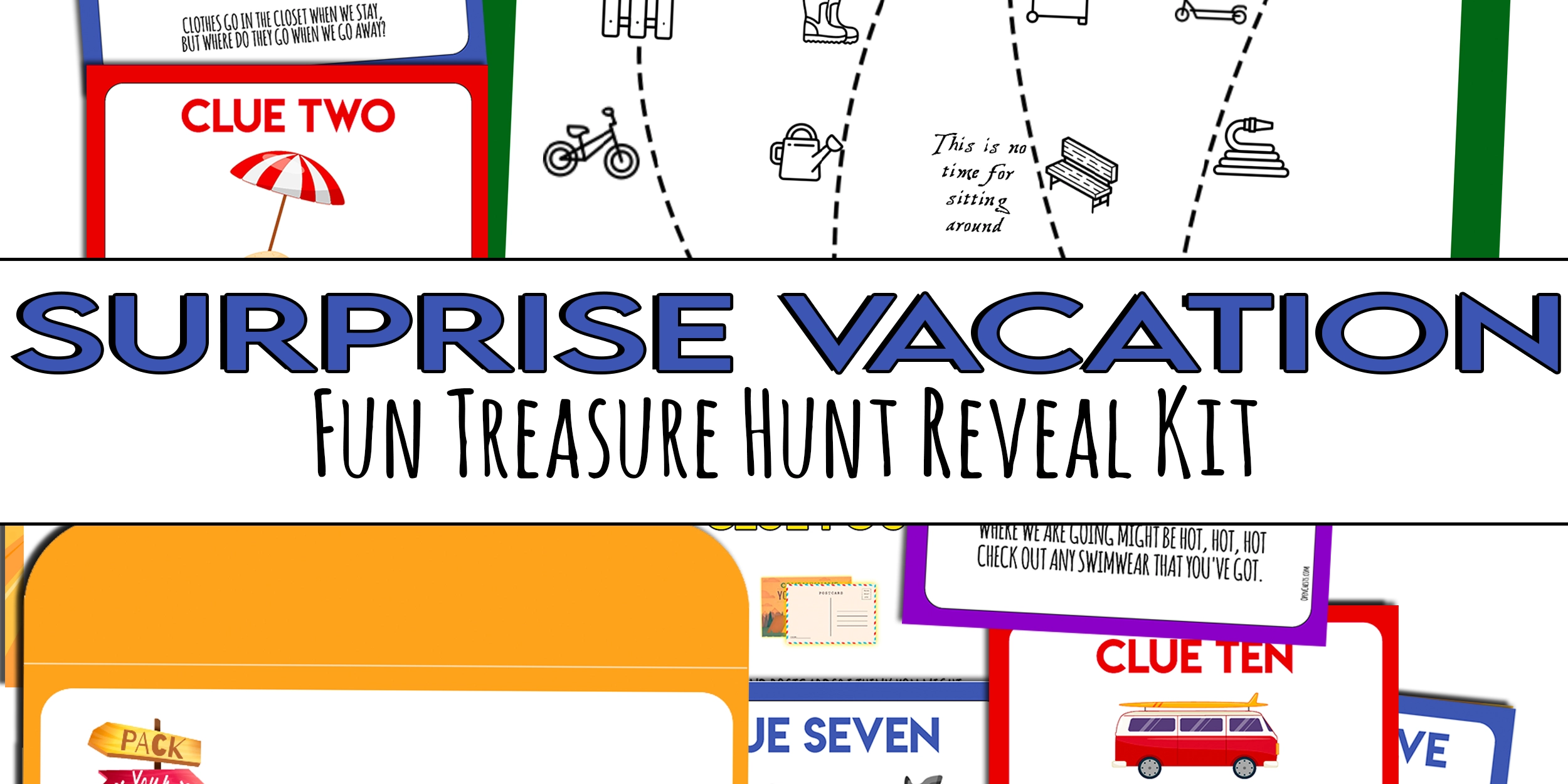 Fun Vacation Reveal Treasure Hunt Clues printable - Surprise Trip - Open Chests