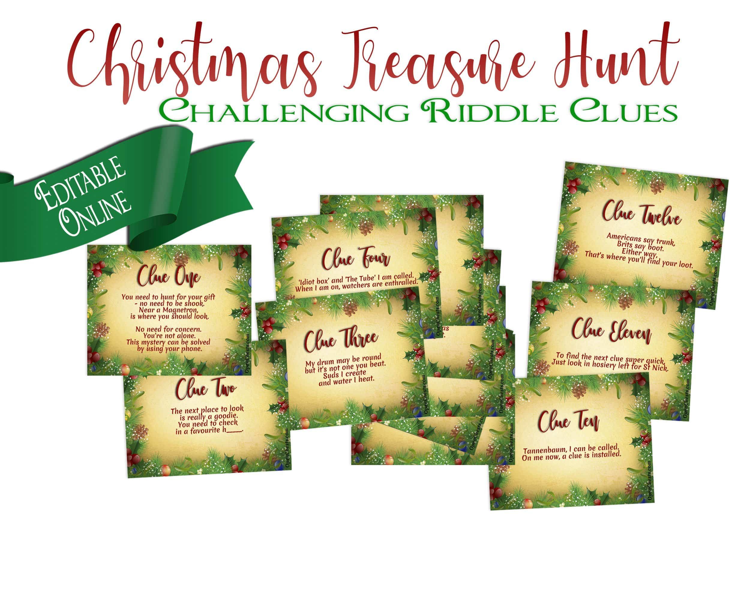 Challenging Christmas Riddle Treasure Hunt Clues. Tricky Scavenger Game for Tweens, Teenagers and Adults. - Open Chests