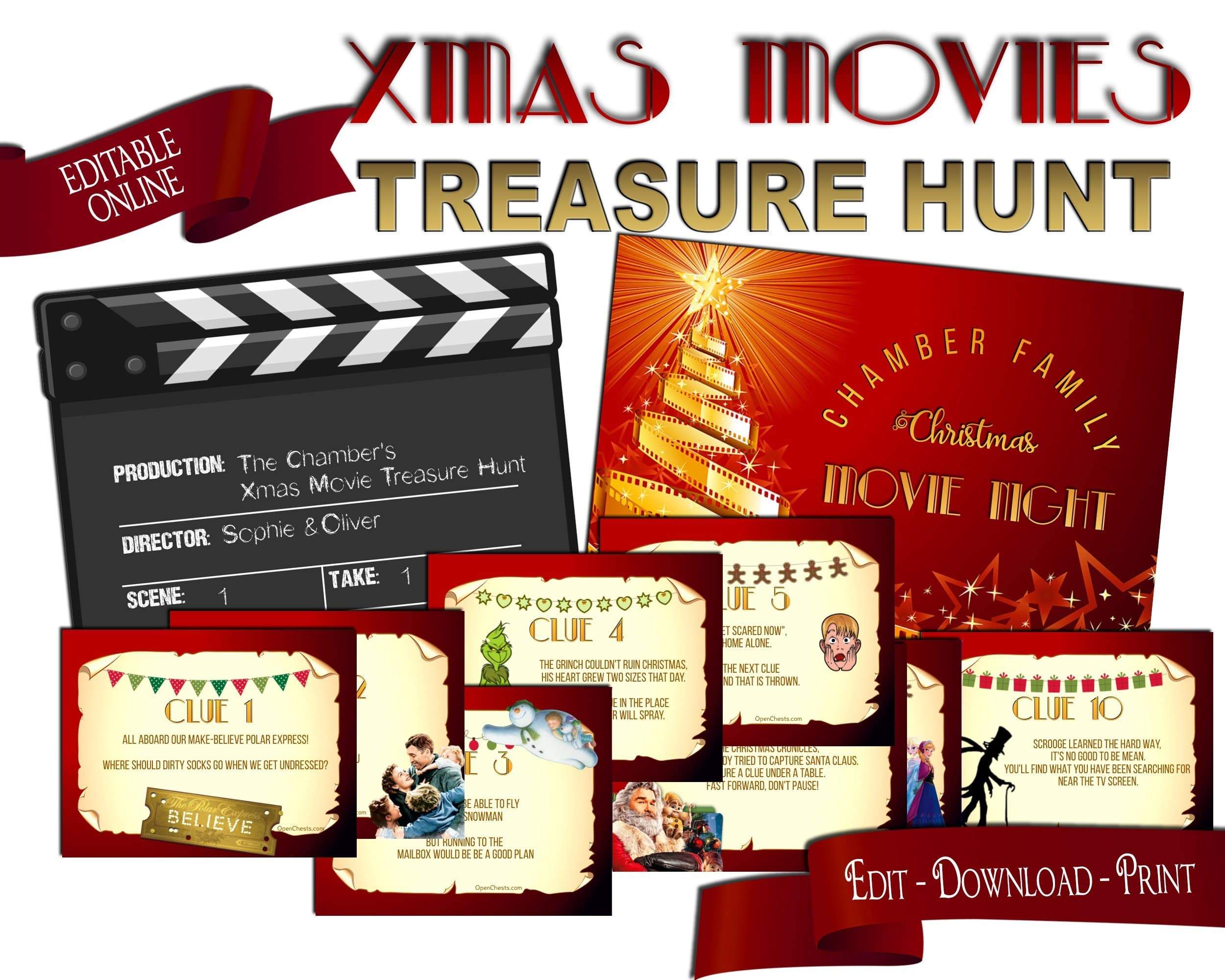 Christmas Movie Night Kit. Treasure Hunt with Editable Props - Open Chests