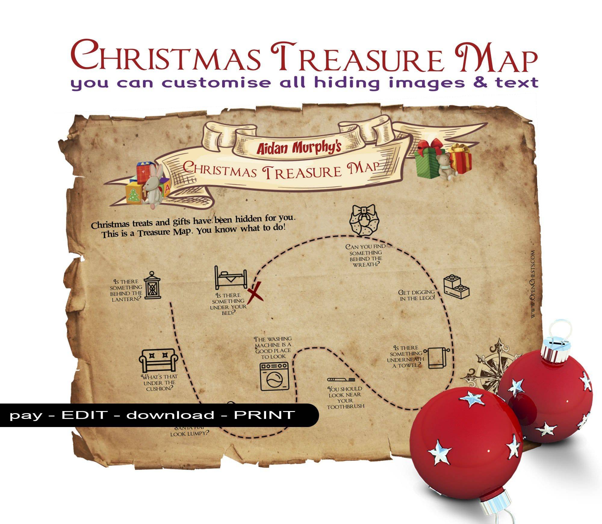 Christmas Treasure Hunt Map - Customisable - Indoor and Outdoor - Open Chests