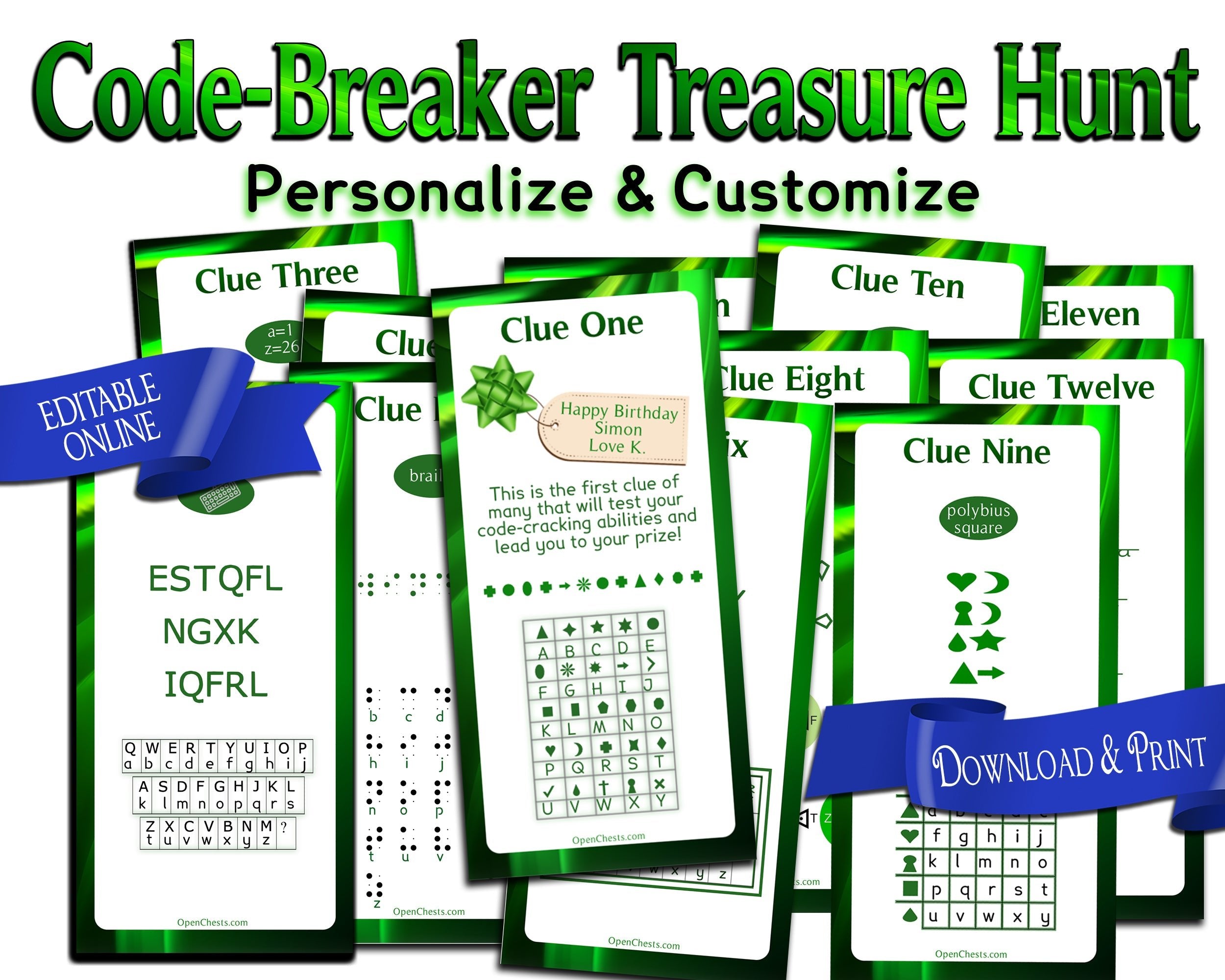 Code-breaker & Puzzle Treasure Hunt Clues - Open Chests