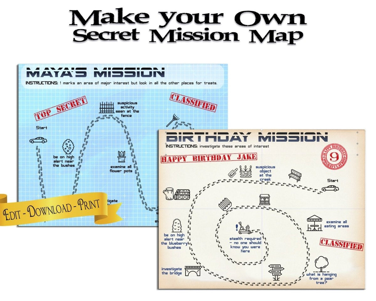 DIY Mission Map Printable | Editable templates | Detective or Spy Party Game | Gift reveal idea - Open Chests