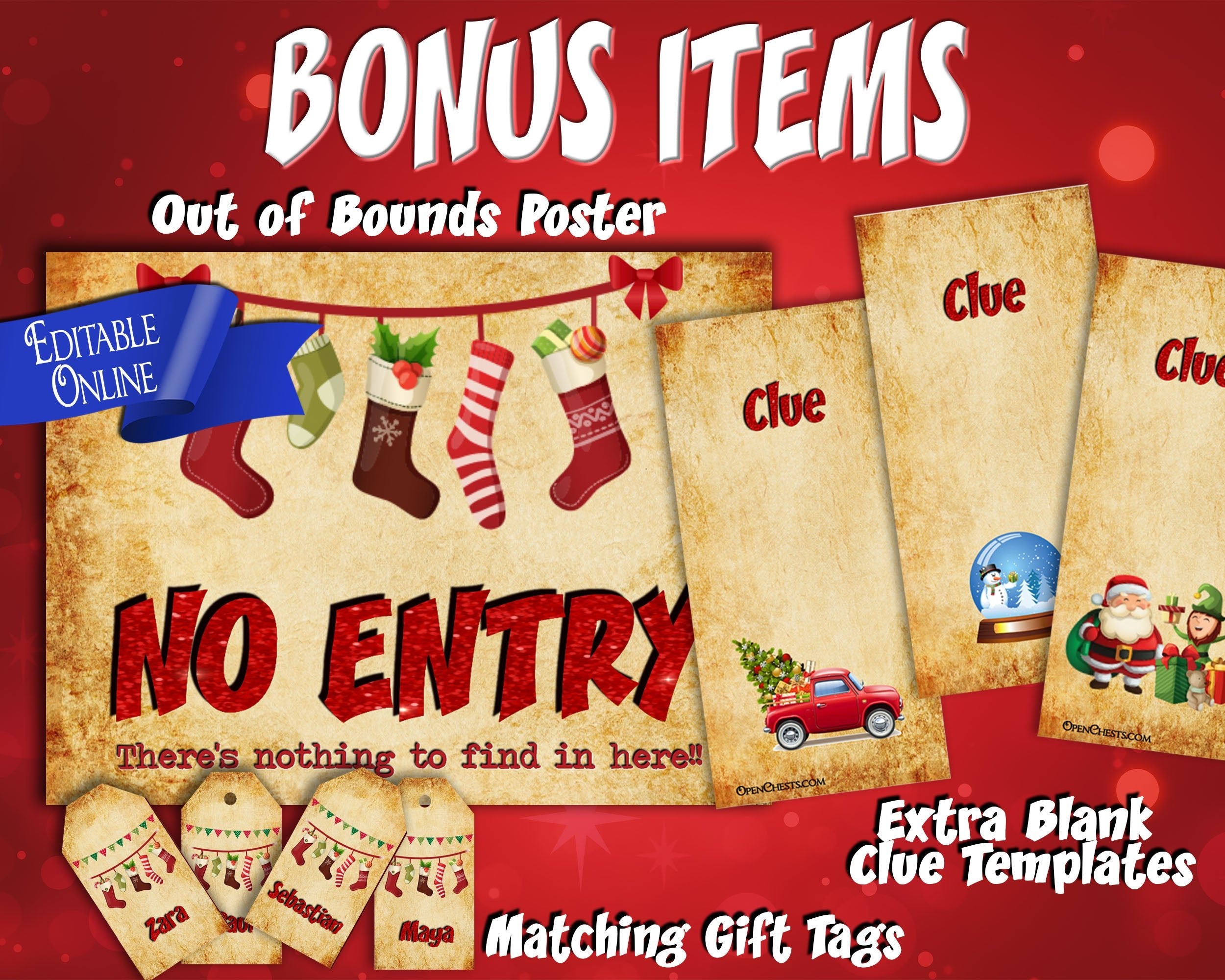 Editable Christmas Treasure Hunt Puzzle Clues - Open Chests