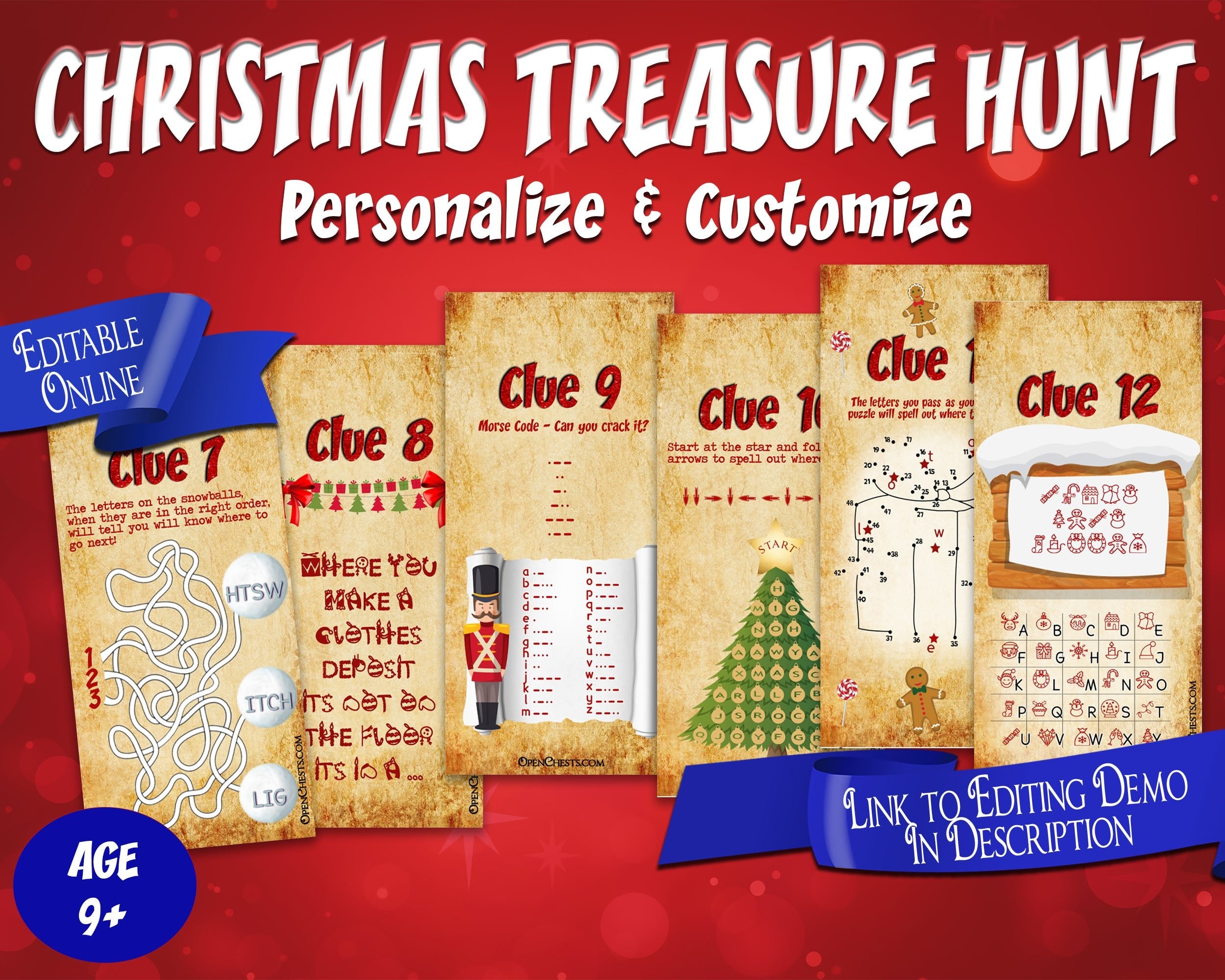 Editable Christmas Treasure Hunt Puzzle Clues - Open Chests