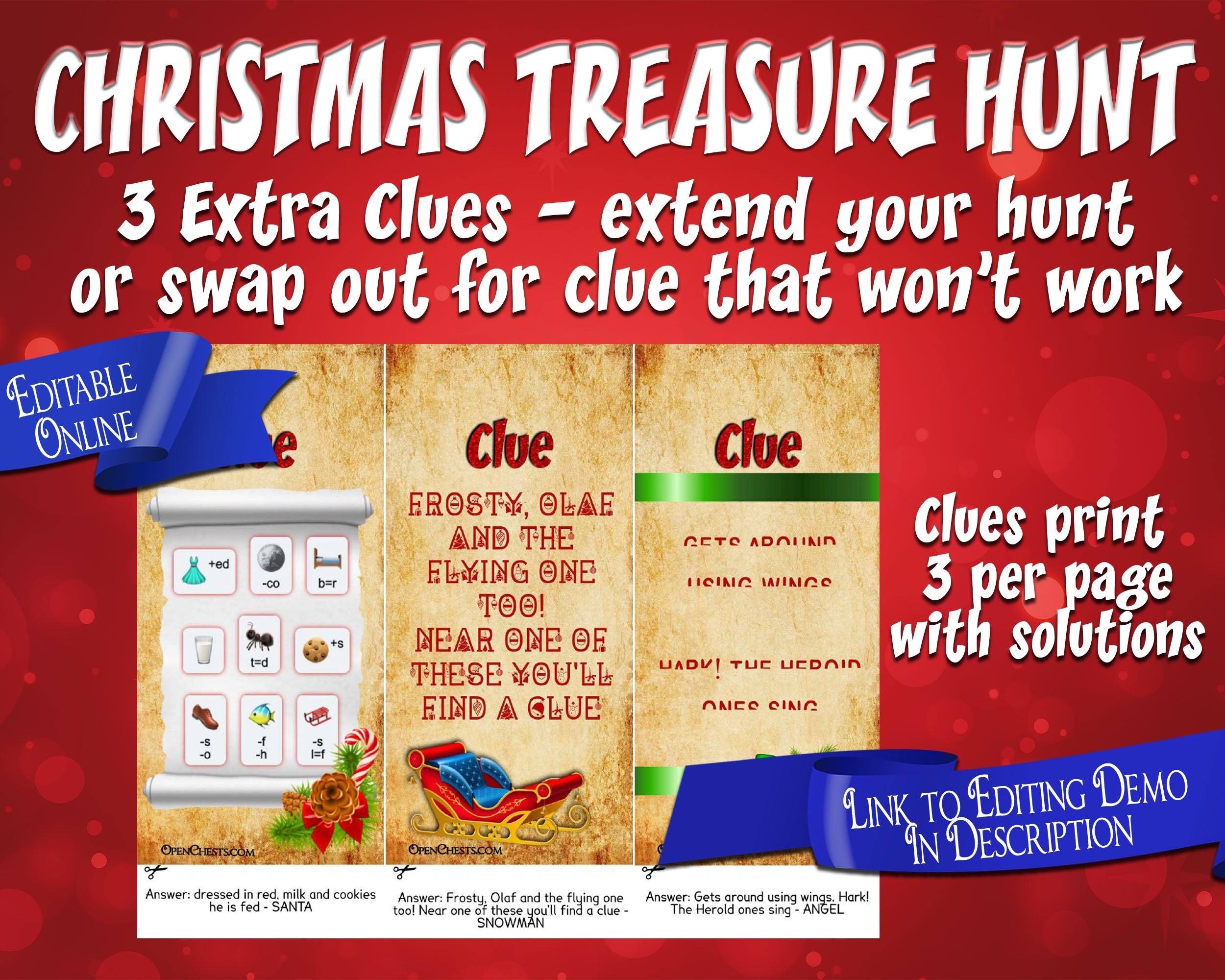 Editable Christmas Treasure Hunt Puzzle Clues - Open Chests