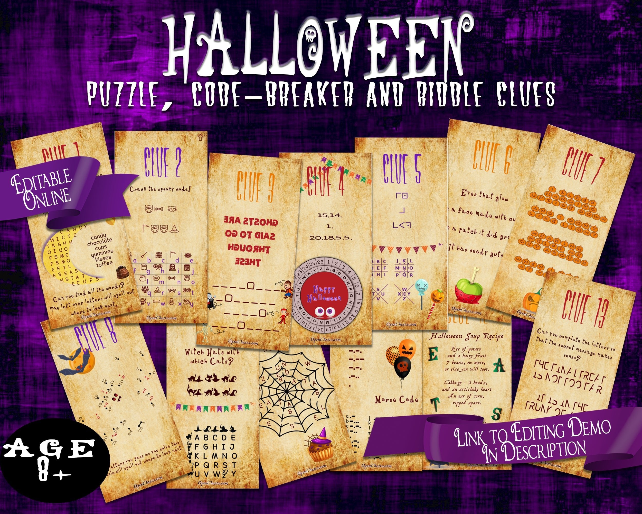 Editable Halloween Treasure Hunt Puzzle Clues - Open Chests