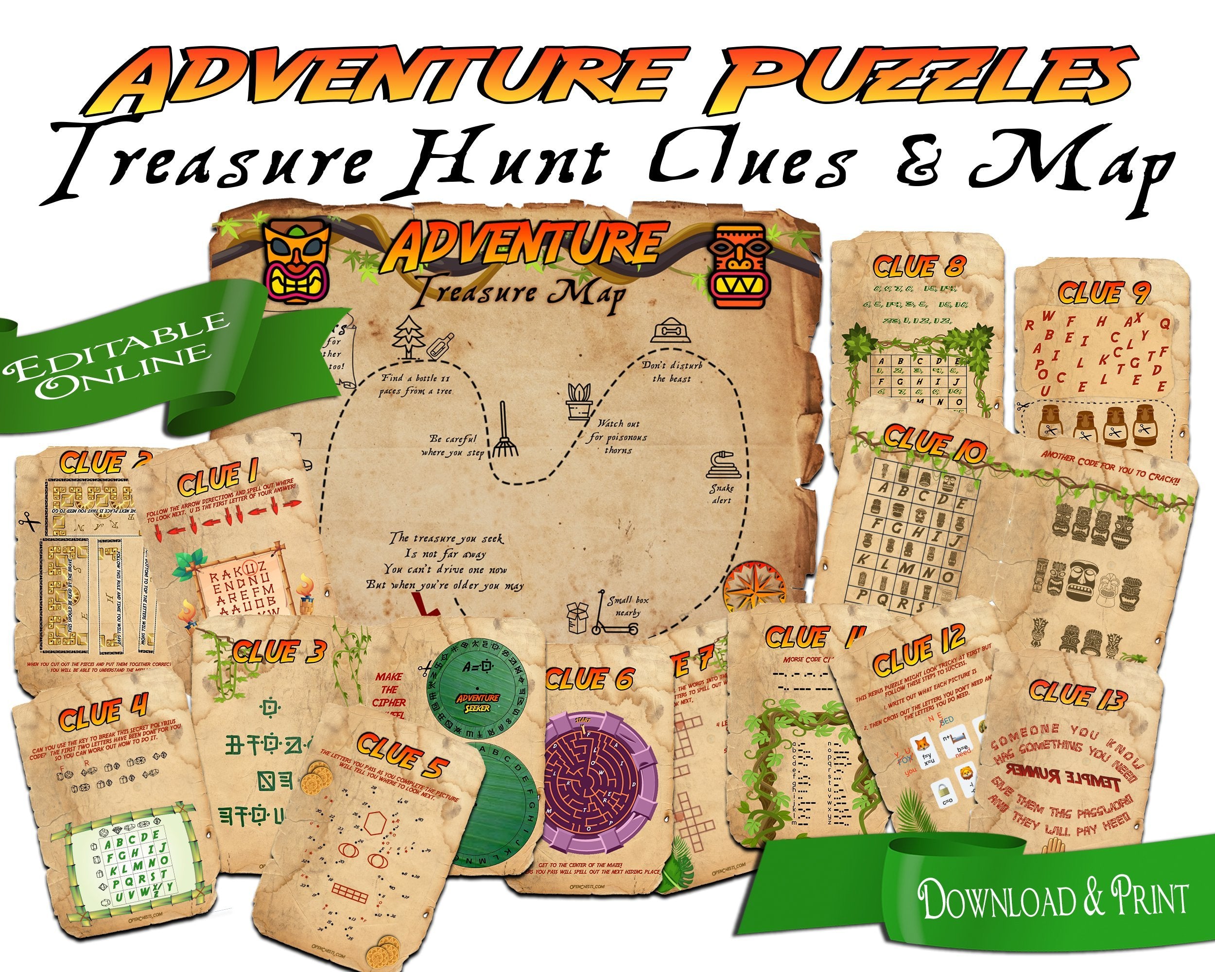 Editable Outdoor Treasure Hunt Puzzle Clues - Open Chests