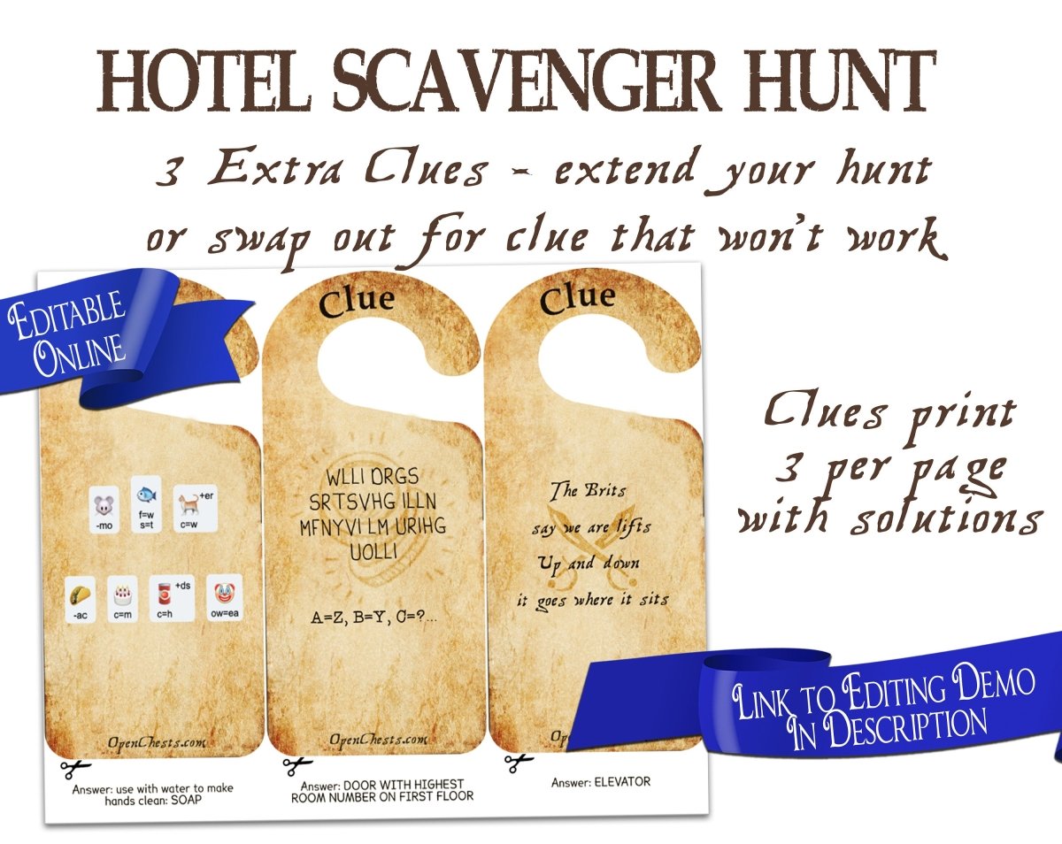 Hotel Treasure Hunt for teenagers and adults | Scavenger Hunt Clues Party Game | Wedding & Vacation Printable Activity - Open Chests