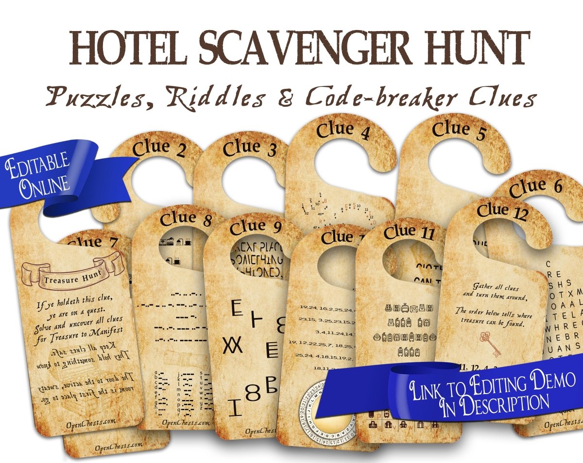 Hotel Treasure Hunt for teenagers and adults | Scavenger Hunt Clues Party Game | Wedding & Vacation Printable Activity - Open Chests