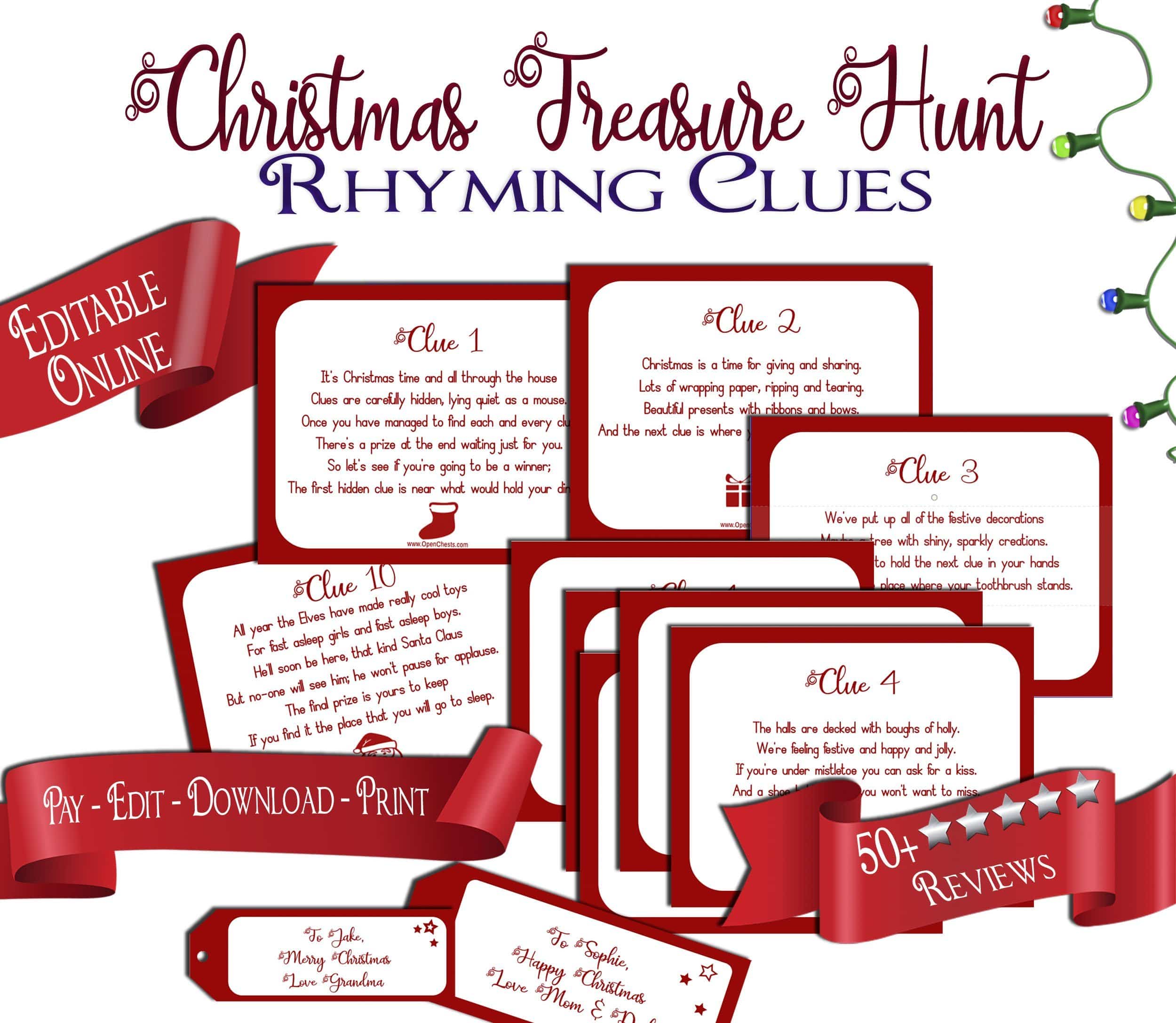 Indoor Christmas Treasure Hunt Clues Printable Scavenger Children Game Santa Claus Riddles- Instant Download PDF Eve morning day custom - Open Chests
