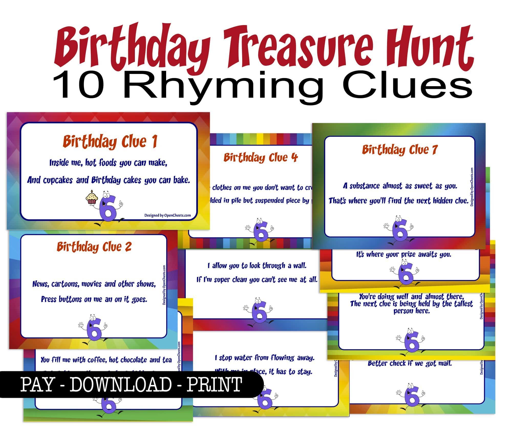 Indoor Rhyming Birthday Treasure Hunt Clues - Rainbow theme - Open Chests