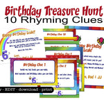 Indoor Rhyming Birthday Treasure Hunt Clues - Rainbow theme - Open Chests