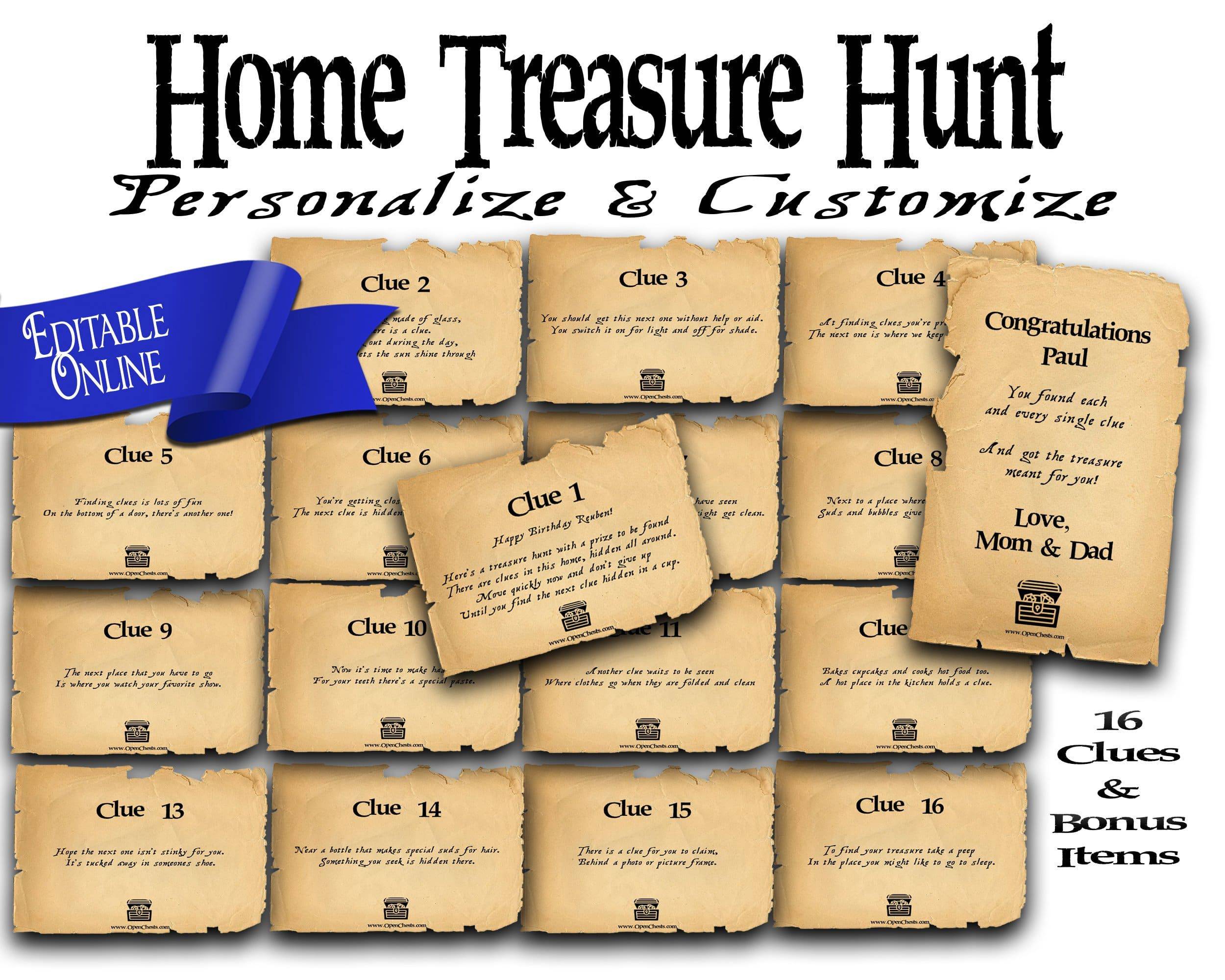 Indoor Rhyming Treasure Hunt Clues Scavenger Printable - Suitable for all homes - Open Chests