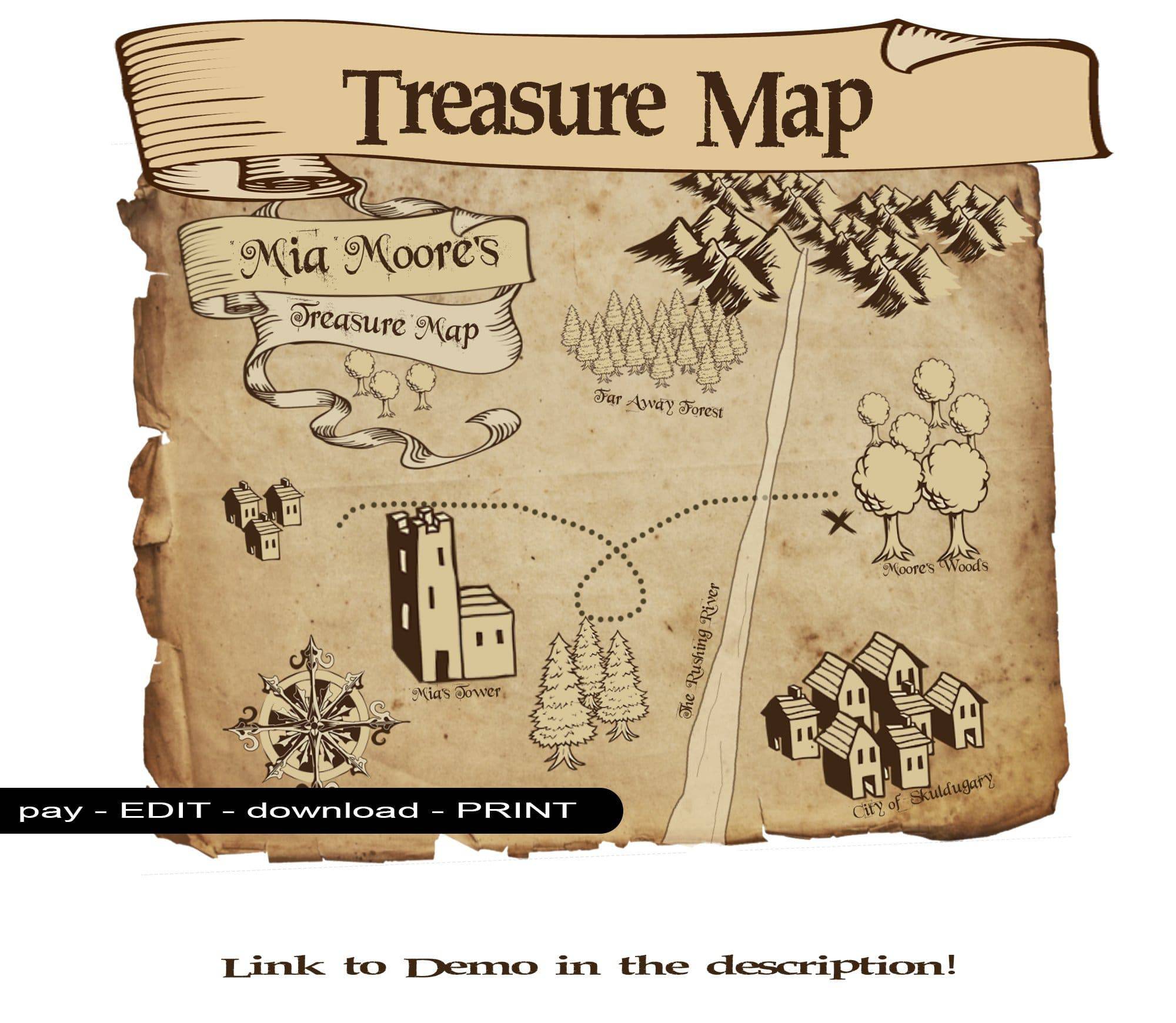 Kid's Treasure Map Printable PDF - Customisable download - Open Chests