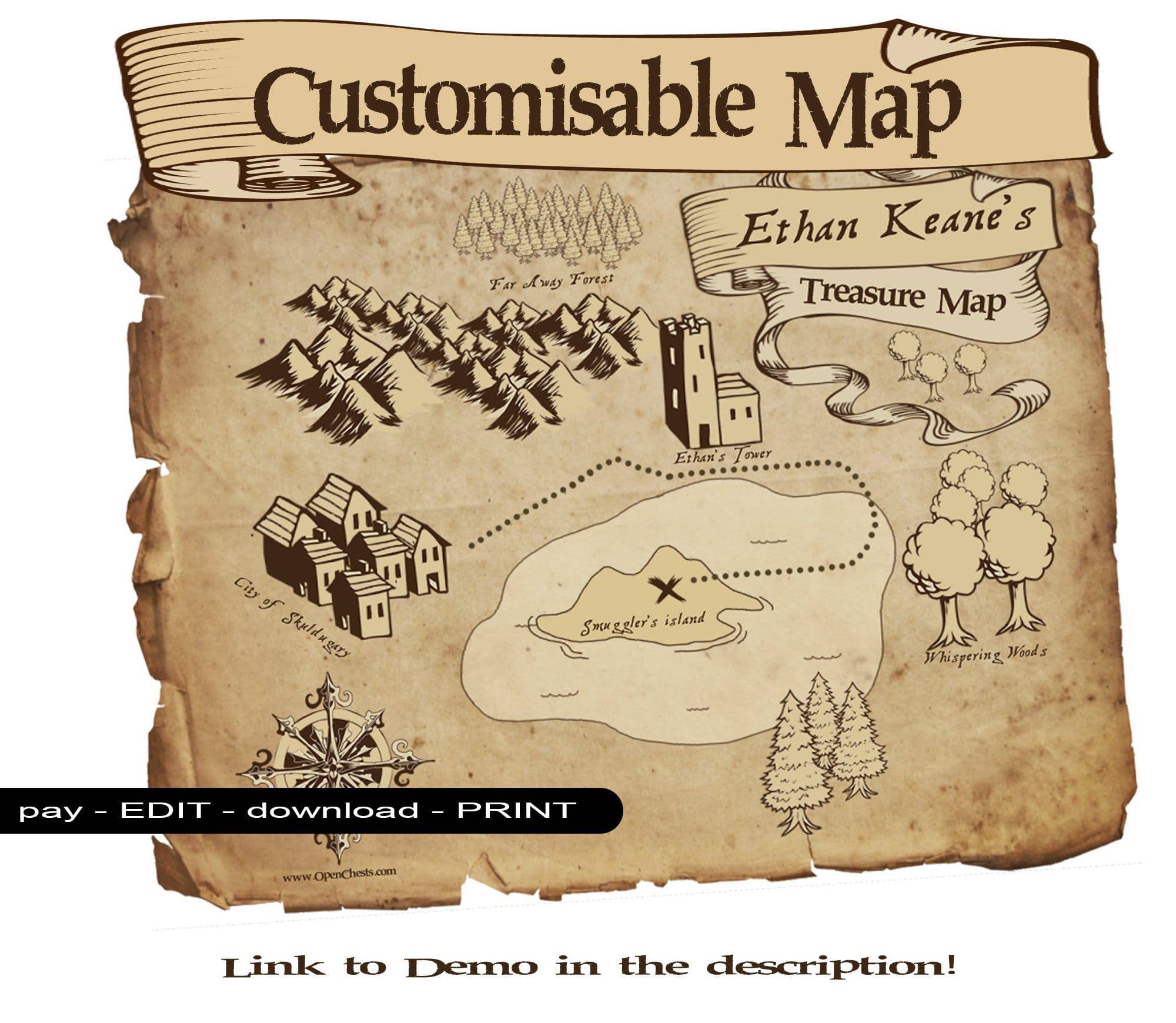 Old Treasure Map Printable - Customisable - Open Chests