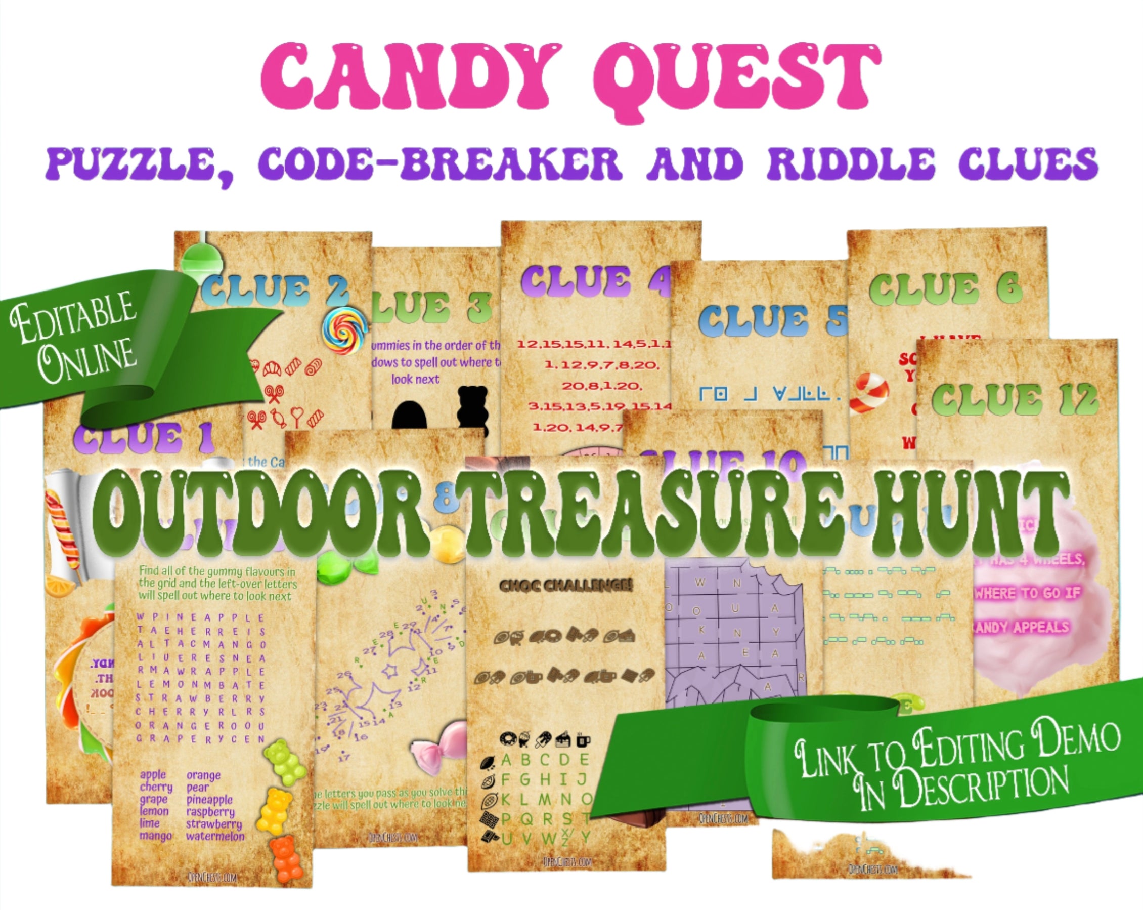 Outdoor Scavenger Hunt Puzzle Clues | Editable Treasure Hunt – Open Chests