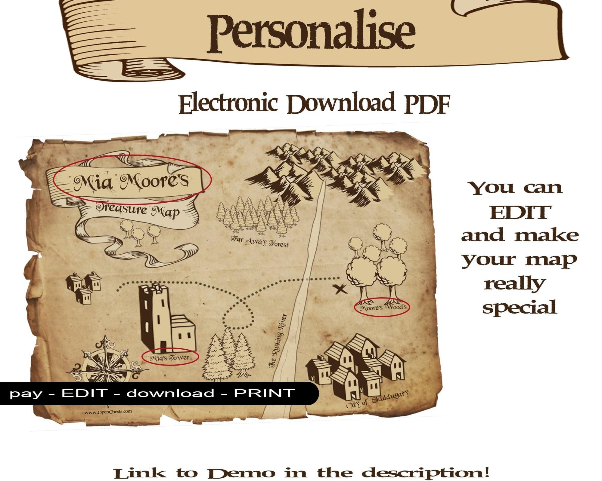Pirate Map Printable PDF - Customisable download - Open Chests