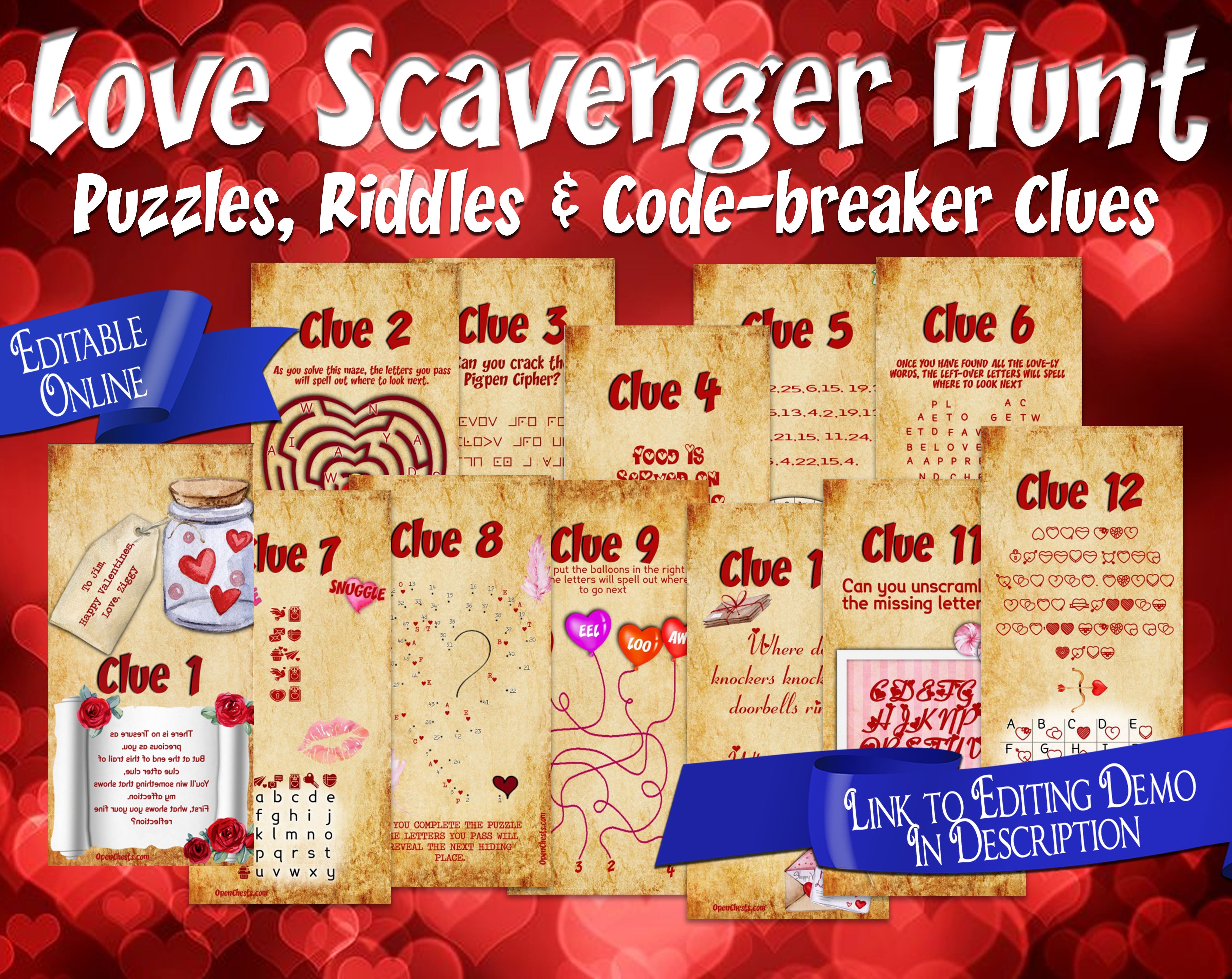 Romantic Scavenger Hunt Clues | Editable puzzles & Riddles - Open Chests