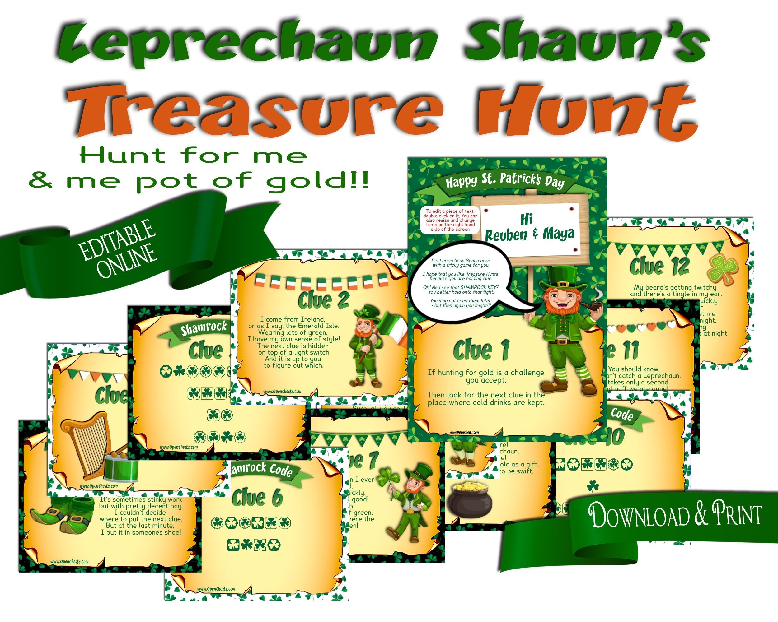 St Patrick's Day Game. Leprechaun Treasure Hunt - Open Chests
